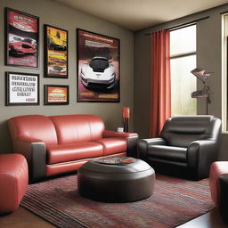 A stylish living room filled with motorsports inspired furniture