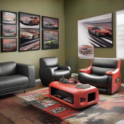 A stylish living room filled with motorsports inspired furniture