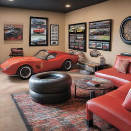 A stylish living room filled with motorsports inspired furniture