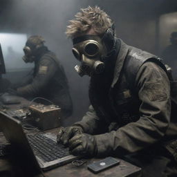 A hacker depicted in a gaspunk scenario, covered in gas masks and worn metal gear, amid a smoky, atmospheric environment, working on brass and steel computing machines.