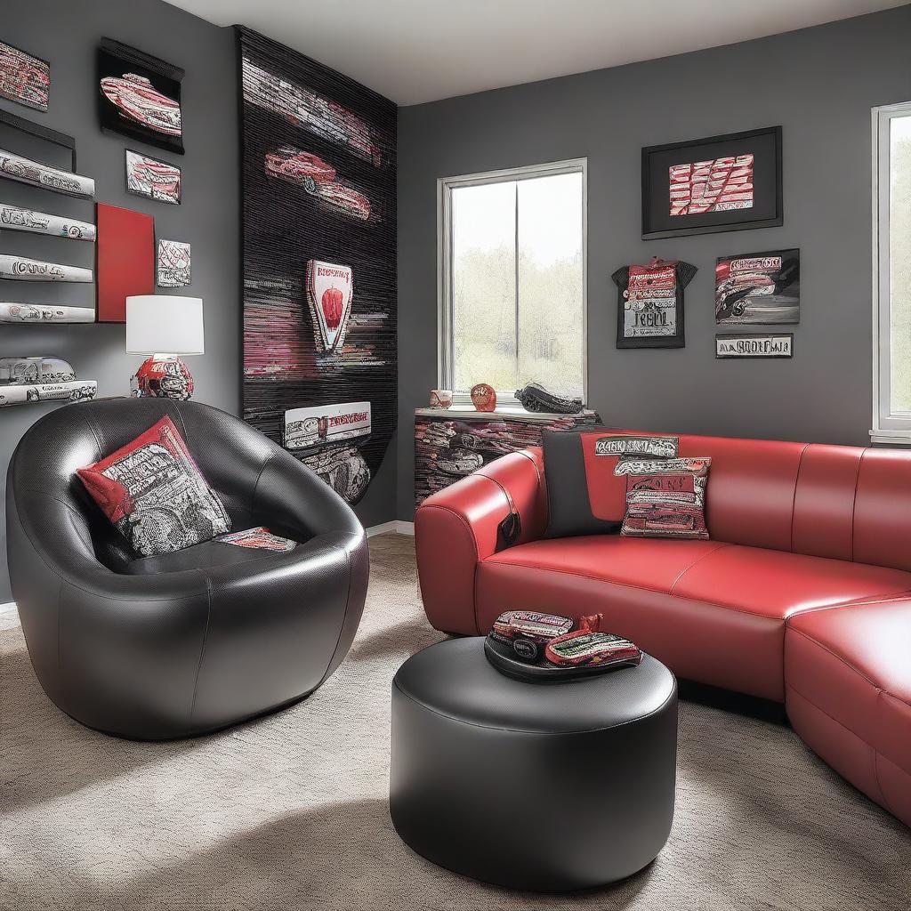 A modern living space featuring an array of motorsports inspired furniture