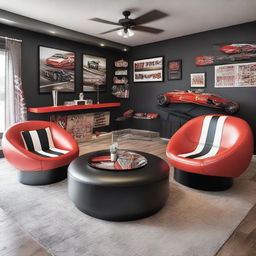 A modern living space featuring an array of motorsports inspired furniture