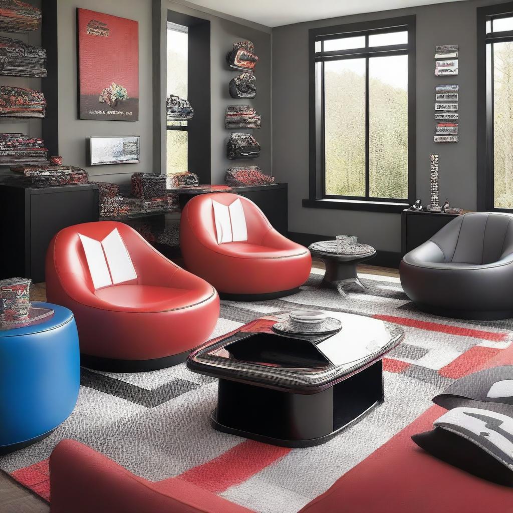 A modern living space featuring an array of motorsports inspired furniture