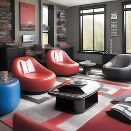 A modern living space featuring an array of motorsports inspired furniture