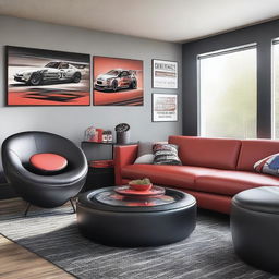 A modern living space featuring an array of motorsports inspired furniture