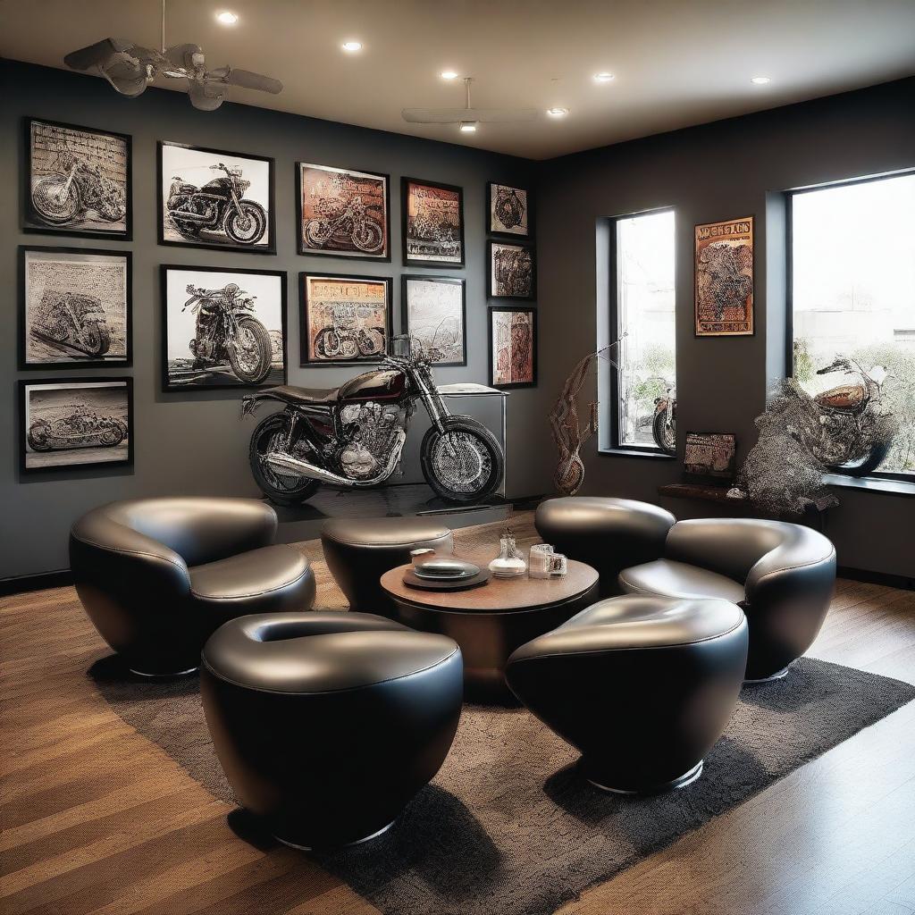 A stylish and modern living room featuring motorcycle-inspired furniture