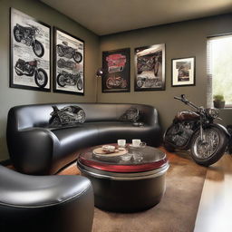 A stylish and modern living room featuring motorcycle-inspired furniture