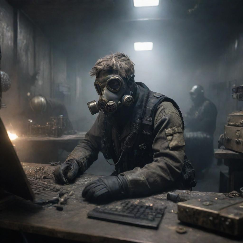 A hacker depicted in a gaspunk scenario, covered in gas masks and worn metal gear, amid a smoky, atmospheric environment, working on brass and steel computing machines.