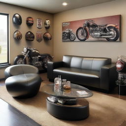 A stylish and modern living room featuring motorcycle-inspired furniture