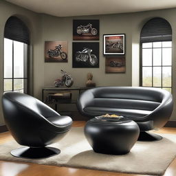 A stylish and modern living room featuring motorcycle-inspired furniture