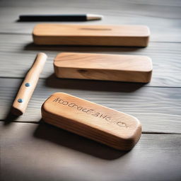 Create an image of a handcrafted wooden wrist rest made from recycled wood, specifically Sapely and Beech