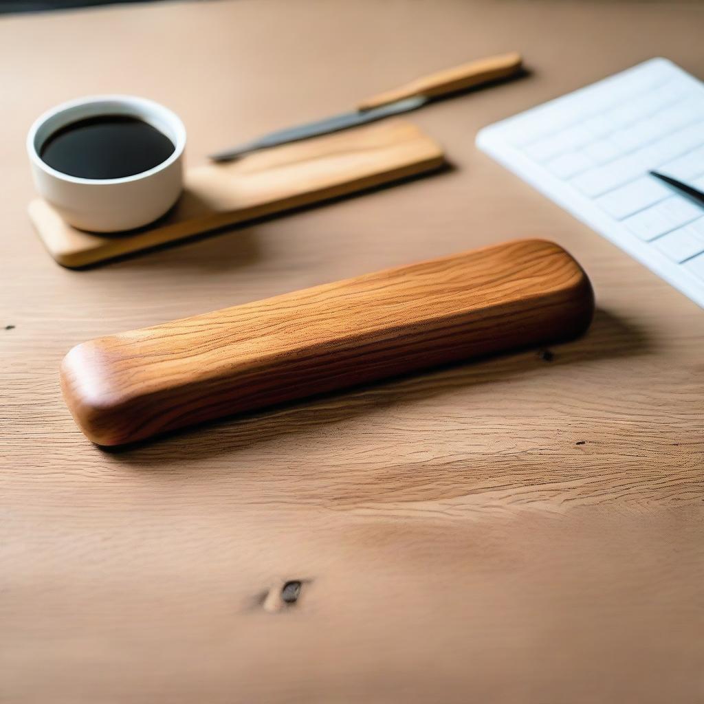 Create an image of a handcrafted wooden wrist rest made from recycled wood, specifically Sapely and Beech