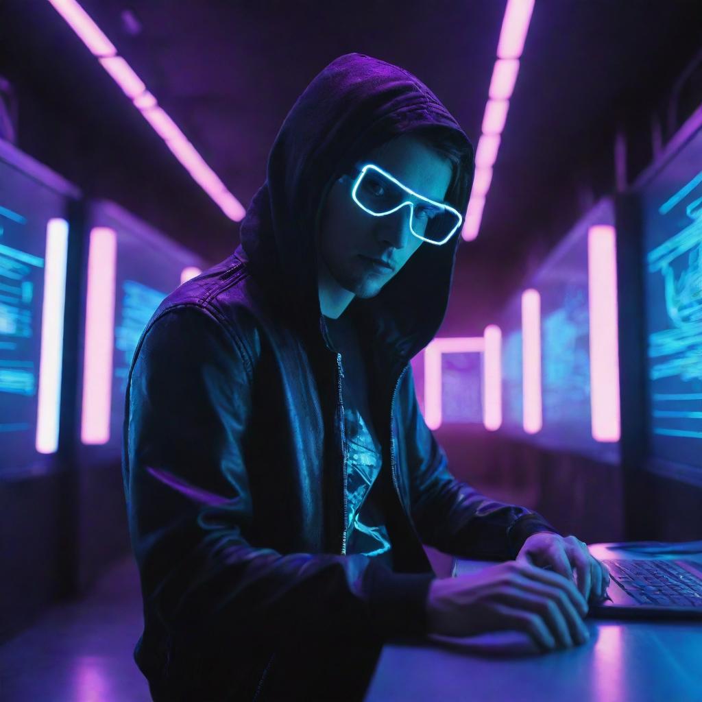 A hacker in a bright electropunk setting, glowing with neon lights, utilizing cutting-edge digital interfaces and immersed in an energy-charged, futuristic atmosphere.