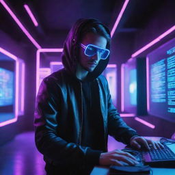 A hacker in a bright electropunk setting, glowing with neon lights, utilizing cutting-edge digital interfaces and immersed in an energy-charged, futuristic atmosphere.