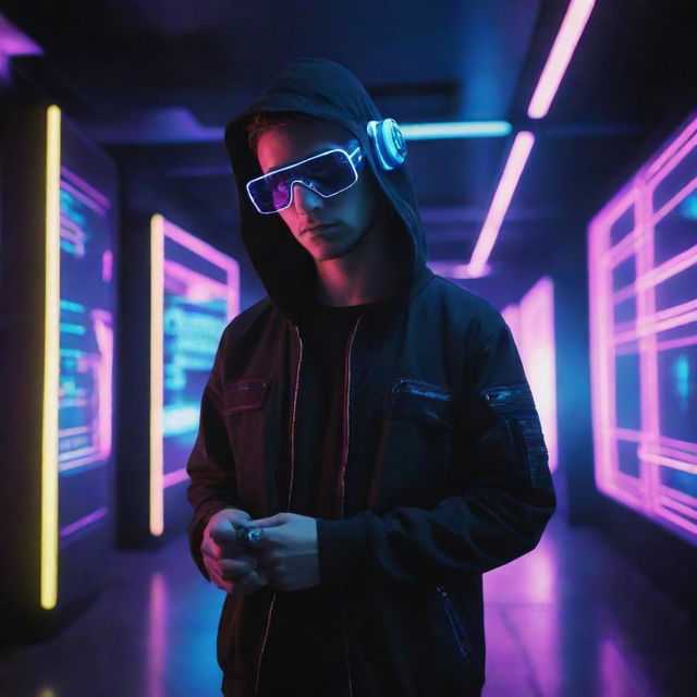 A hacker in a bright electropunk setting, glowing with neon lights, utilizing cutting-edge digital interfaces and immersed in an energy-charged, futuristic atmosphere.