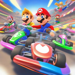 A thrilling scene of Mario Kart characters racing on a vibrant and colorful car circuit