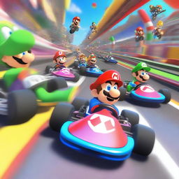 A thrilling scene of Mario Kart characters racing on a vibrant and colorful car circuit