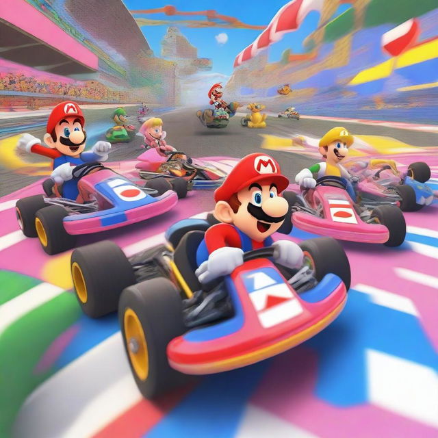 A thrilling scene of Mario Kart characters racing on a vibrant and colorful car circuit