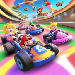 A thrilling scene of Mario Kart characters racing on a vibrant and colorful car circuit