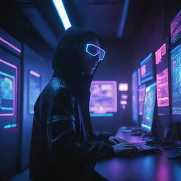 A hacker in a bright electropunk setting, glowing with neon lights, utilizing cutting-edge digital interfaces and immersed in an energy-charged, futuristic atmosphere.