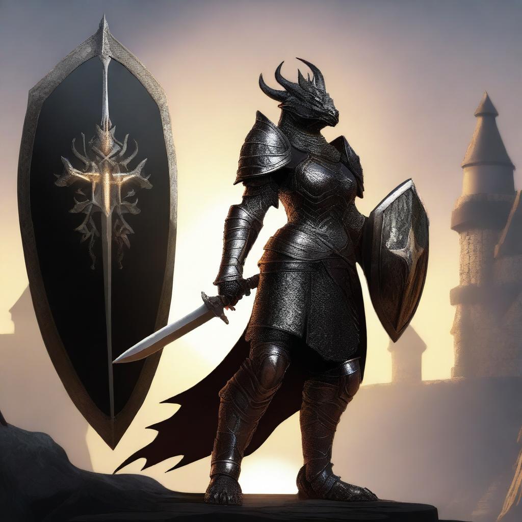 A majestic black dragonborn female paladin standing tall in gleaming armor, holding a large shield and a sword