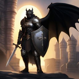 A majestic black dragonborn female paladin standing tall in gleaming armor, holding a large shield and a sword