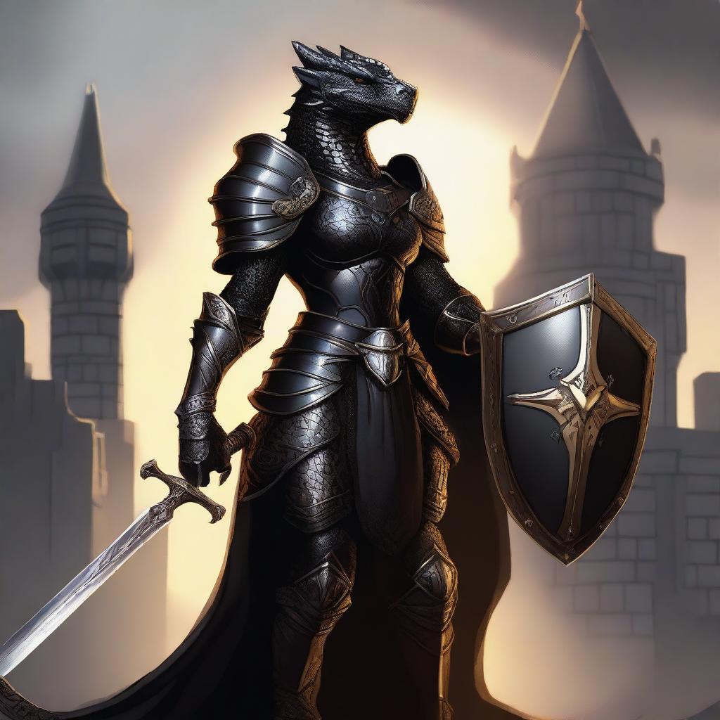 A majestic black dragonborn female paladin standing tall in gleaming armor, holding a large shield and a sword