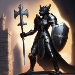 A majestic black dragonborn female paladin standing tall in gleaming armor, holding a large shield and a sword