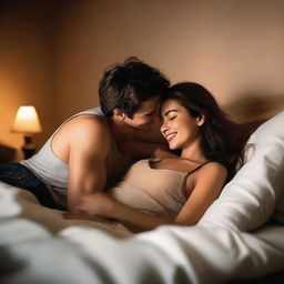 A woman is lying on top of a man on a bed, both are fully clothed