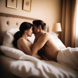 A woman is lying on top of a man on a bed, both are fully clothed