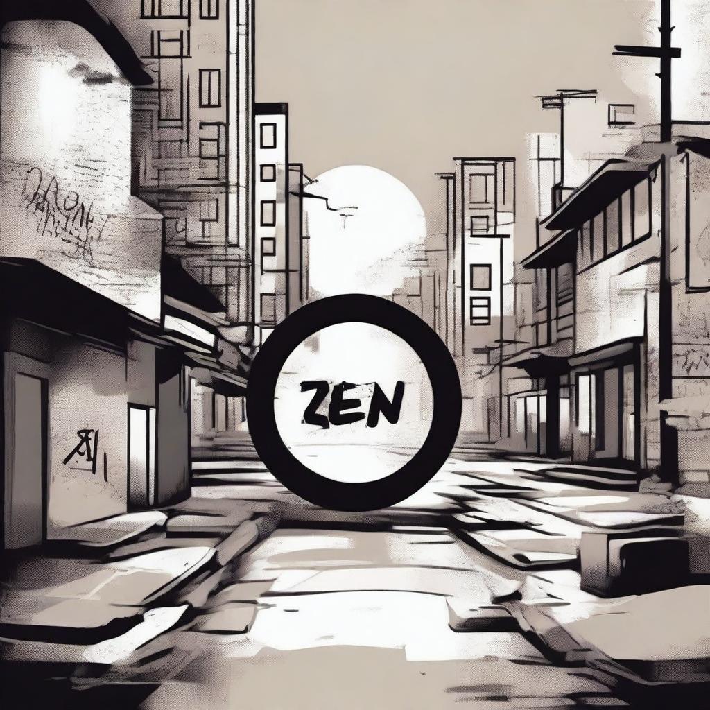 Create an image titled 'Zen Meets Grit' that juxtaposes serene, Zen-like imagery with gritty, urban elements