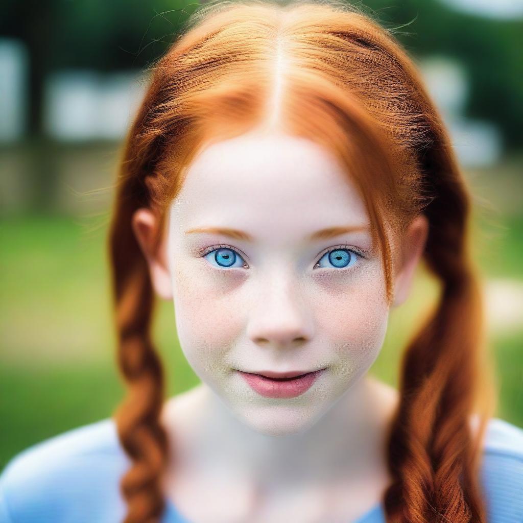 A redhead teenager with pigtails and blue eyes staring directly at the camera