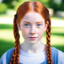 A redhead teenager with pigtails and blue eyes staring directly at the camera