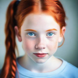 A redhead teenager with pigtails and blue eyes staring directly at the camera