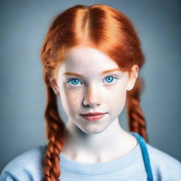 A redhead teenager with pigtails and blue eyes staring directly at the camera