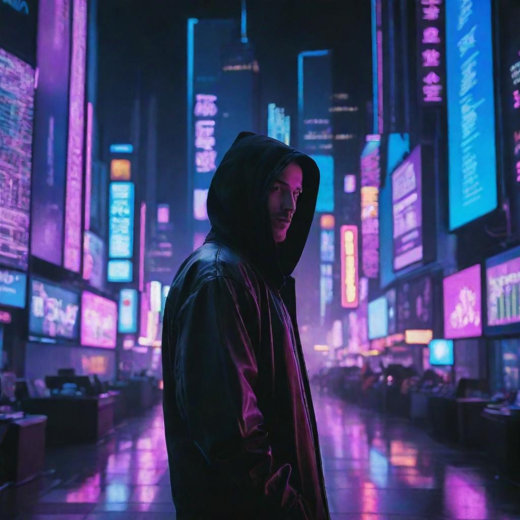 A hacker styled in a cyberpunk aesthetic, surrounded by vivid neon lights, screens of cascading code, and a backdrop of a sprawling digital cityscape.