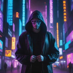 A hacker styled in a cyberpunk aesthetic, surrounded by vivid neon lights, screens of cascading code, and a backdrop of a sprawling digital cityscape.