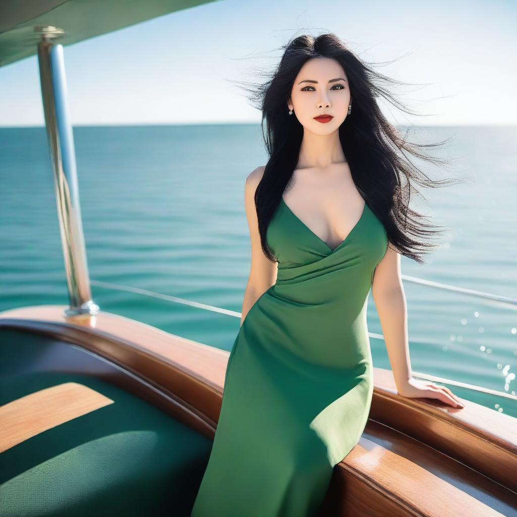 A beautiful woman with long black hair and a green dress is standing on a luxurious boat, showing her entire body