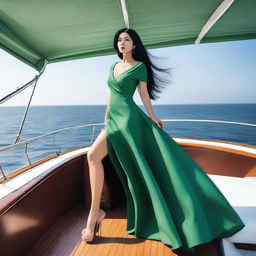 A beautiful woman with long black hair and a green dress is standing on a luxurious boat, showing her entire body