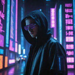 A hacker styled in a cyberpunk aesthetic, surrounded by vivid neon lights, screens of cascading code, and a backdrop of a sprawling digital cityscape.