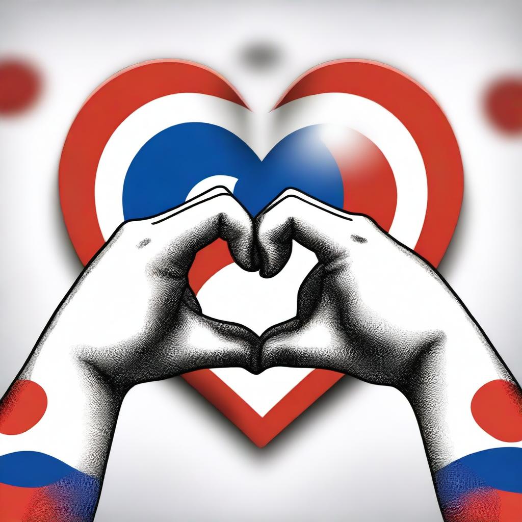 An artistic depiction of hands forming a heart shape with the South Korean flag in the background