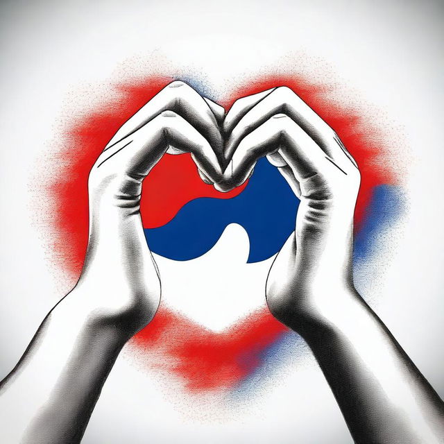 An artistic depiction of hands forming a heart shape with the South Korean flag in the background