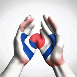 An artistic depiction of hands forming a heart shape with the South Korean flag in the background