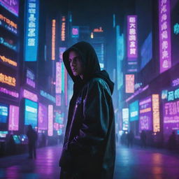 A hacker styled in a cyberpunk aesthetic, surrounded by vivid neon lights, screens of cascading code, and a backdrop of a sprawling digital cityscape.