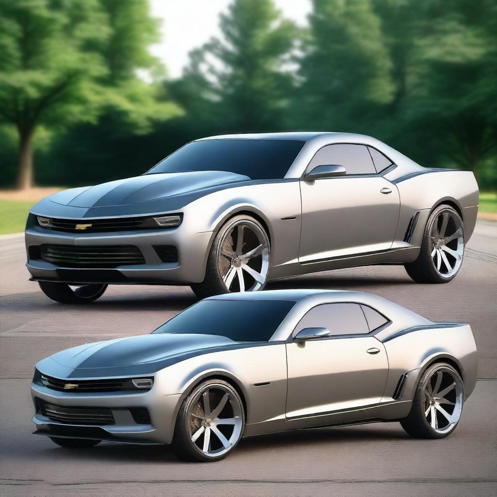 Create a custom supercar that is a fusion of a modern Camaro and a primer gray 1939 Chevrolet coupe