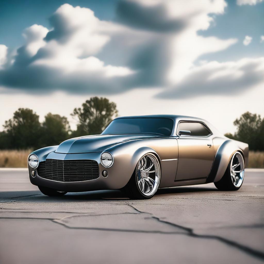 Create a custom supercar that is a fusion of a modern Camaro and a primer gray 1939 Chevrolet coupe