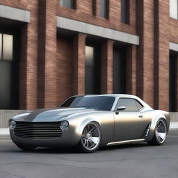 Create a custom supercar that is a fusion of a modern Camaro and a primer gray 1939 Chevrolet coupe