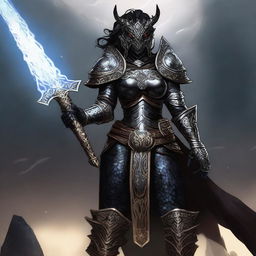 A female dragonborn black paladin, standing tall and fierce with dark, scaled skin, wearing heavy armor adorned with intricate designs