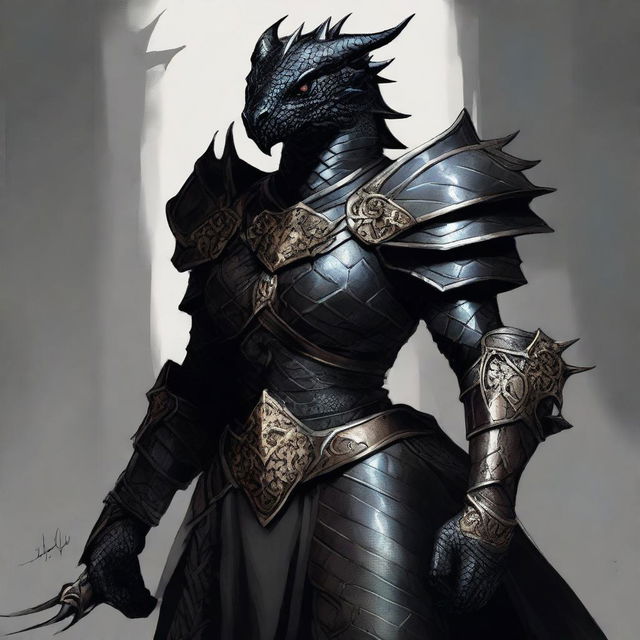 A powerful female black dragonborn paladin wearing intricate armor