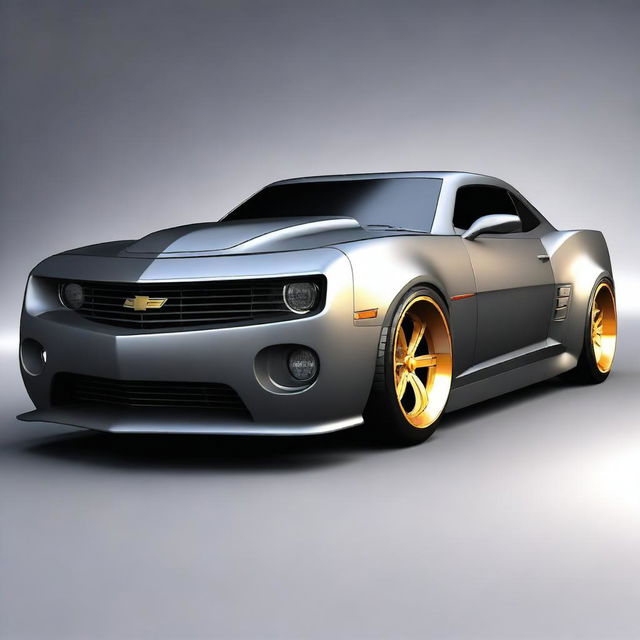 Create a custom supercar that is a fusion of a Chevrolet Camaro and a primer matte gray 1939 Chevrolet Coupe